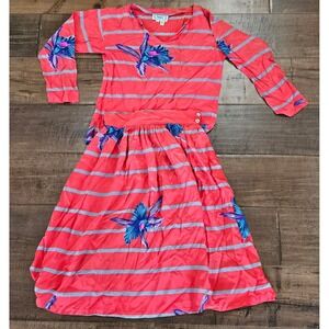 RARE VTG Irka 100% Silk 2 Piece Skirt Set Coral Pink Blue Orchid Floral Stripe